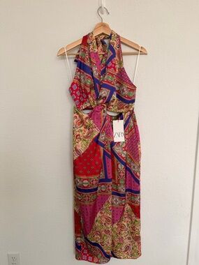 ZARA Multicolor Paisley Halter Maxi Dress in Pink & Red